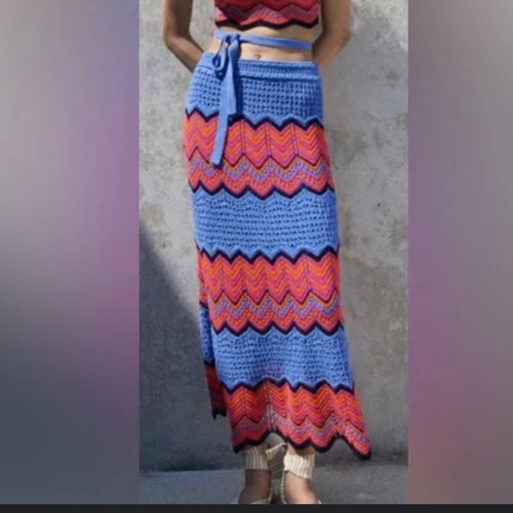Zara crochet knit maxi skirt zig zag Missoni small s blue orange pink
